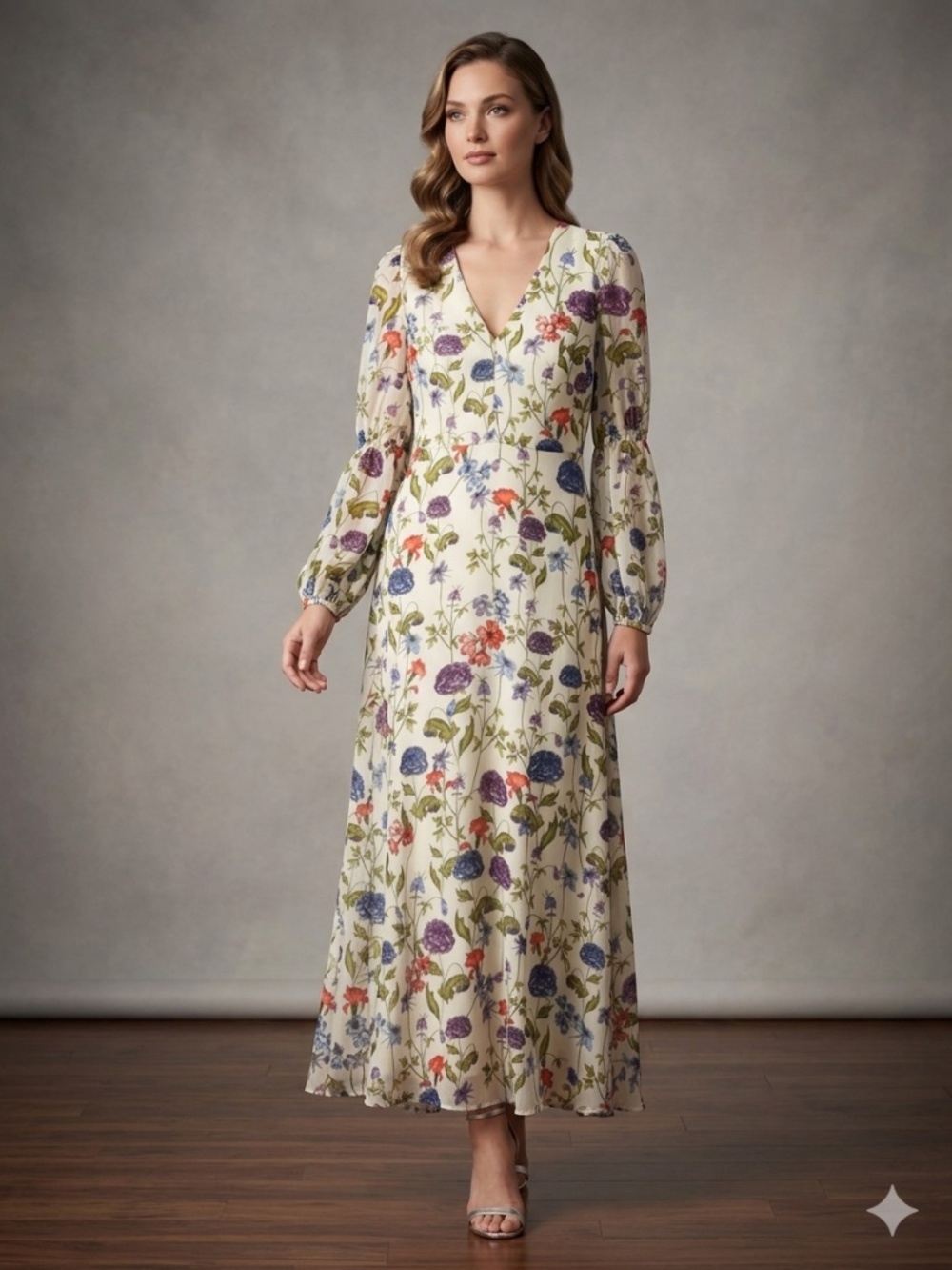 Chelsea 28 ivory floral maxi dress 3/4 sleeve — size S
